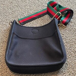 Black Perforated Shoulder Bag with Striped Strap